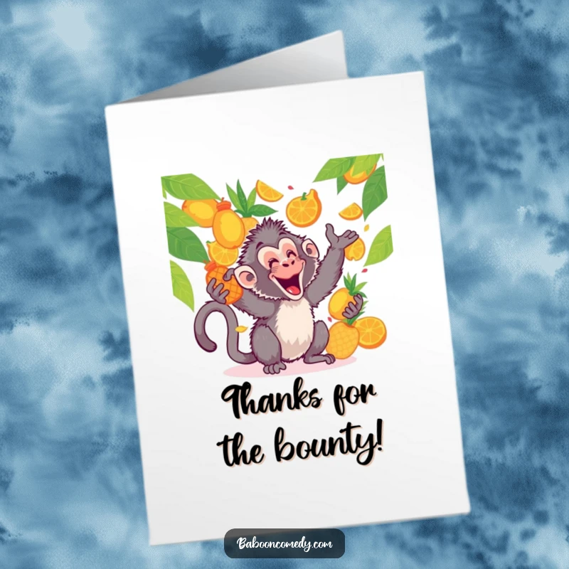 Funny Free Printable Thank You Card: Kawaii baboon gleefully tossing a variety of colorful tropical fruits, celebrating with a happy, thankful spirit.