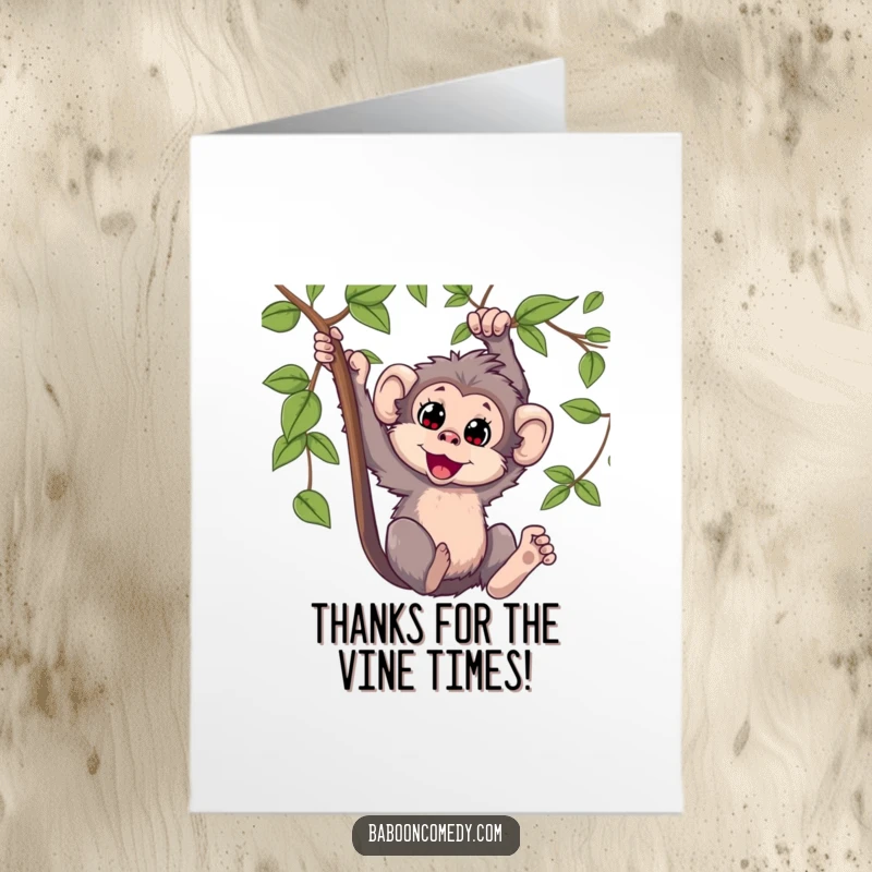 Funny Free Printable Thank You Card: Happy Kawaii baboon swinging joyfully, conveying sincere gratitude with a smile.