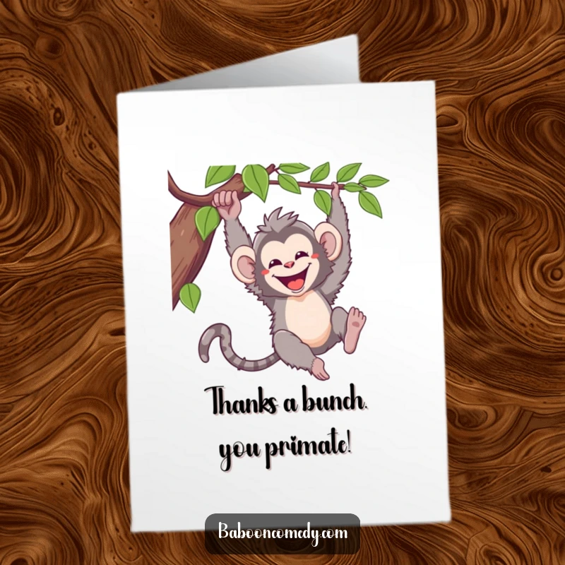 Funny Free Printable Thank You Card: Kawaii baboon swinging happily, offering thanks with a wide, cheerful grin.