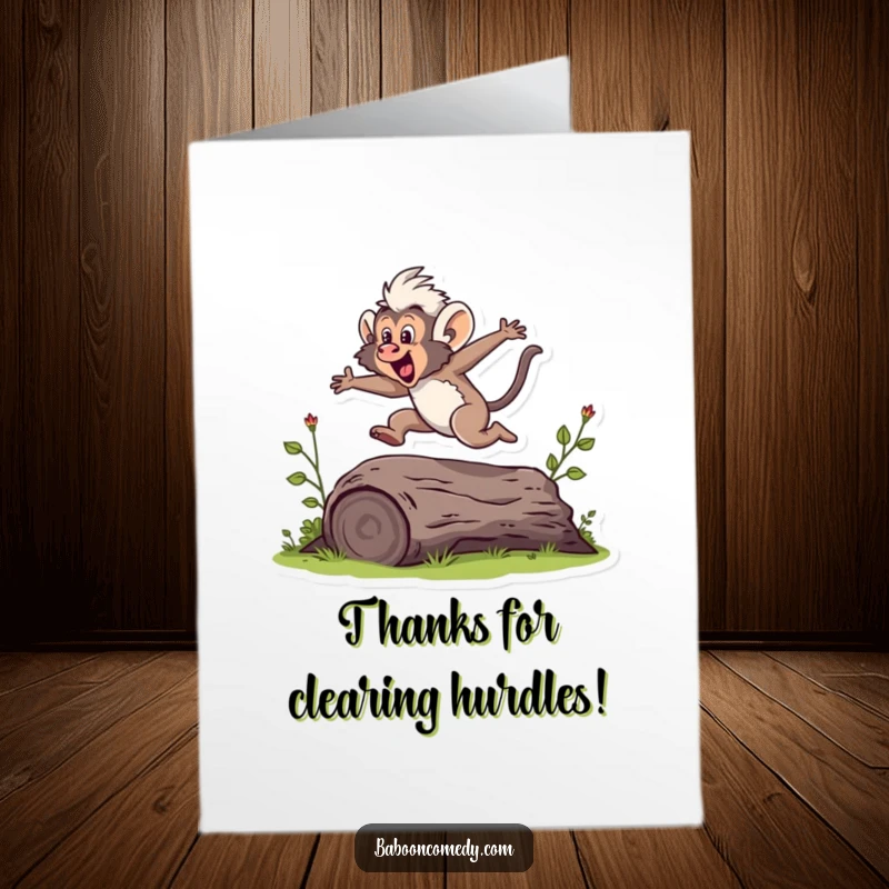 Funny Free Printable Thank You Card: A baboon gracefully leaps over a log, symbolizing a big thank you for their help.