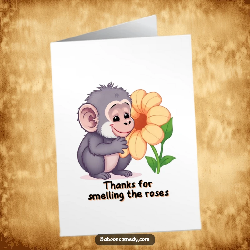 Funny Free Printable Thank You Card: Gentle Kawaii baboon with a soft smile examining a large, colorful exotic flower.