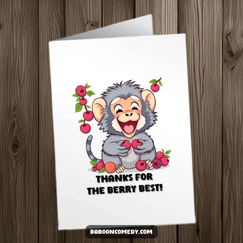 Funny Free Printable Thank You Card: A happy baboon gratefully offers a handful of juicy berries, conveying sincere thanks.