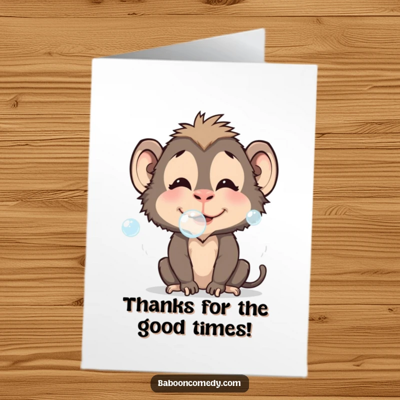 Funny Free Printable Baboon Thank You Card: Baboon playfully blowing bubbles, a whimsical way to say thanks. Downloadable.