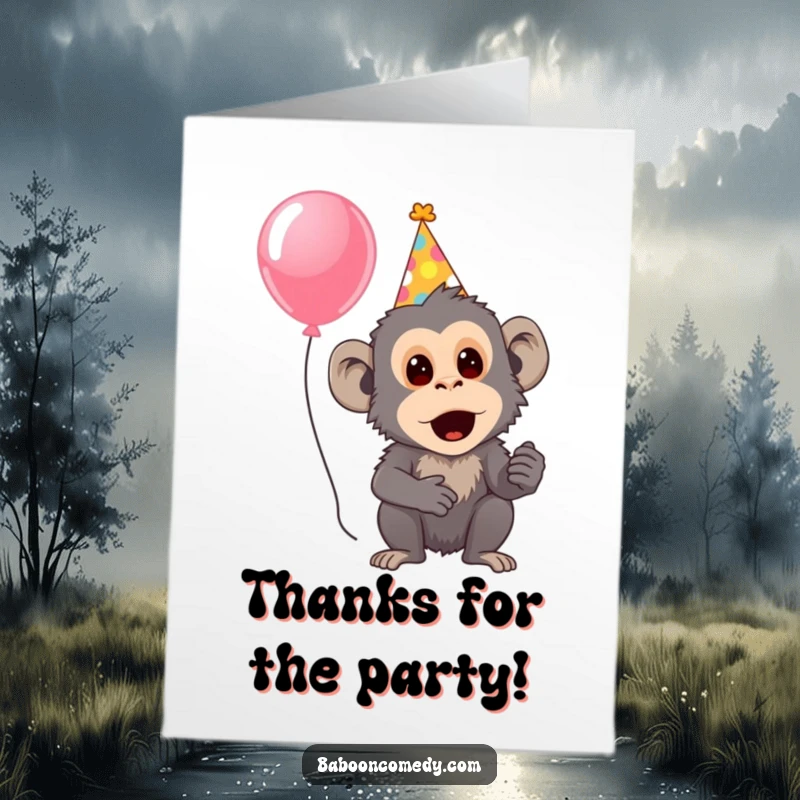 Funny Free Printable Thank You Card: A baboon in a party hat looks startled but happy holding a festive balloon.