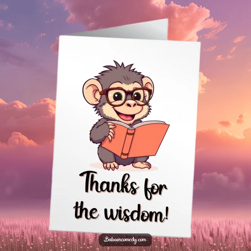 Funny Free Printable Thank You Card: Giggling baboon with oversized glasses, reading a book and looking wise.