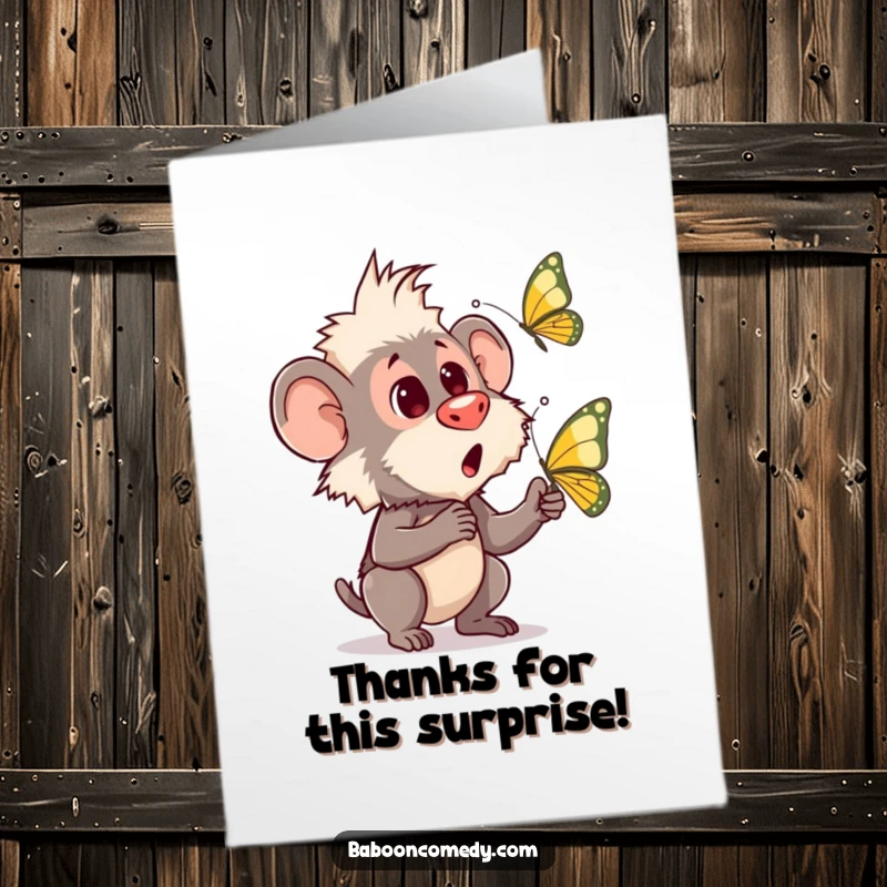 Funny Free Printable Thank You Card: A baboon is startled by a delicate butterfly, creating a moment of unexpected delight.