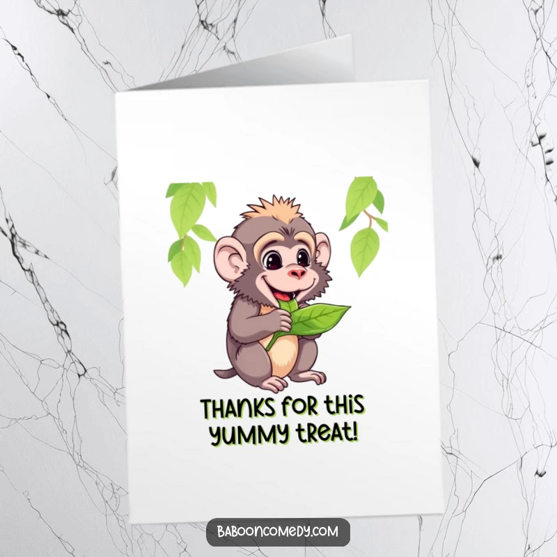 Funny Free Printable Thank You Card: A content baboon happily chews a leaf, symbolizing simple, heartfelt gratitude.