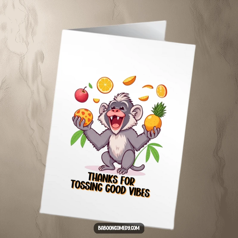 Funny Free Printable Thank You Card: Happy Kawaii baboon gleefully tossing various tropical fruits in the air and catching.