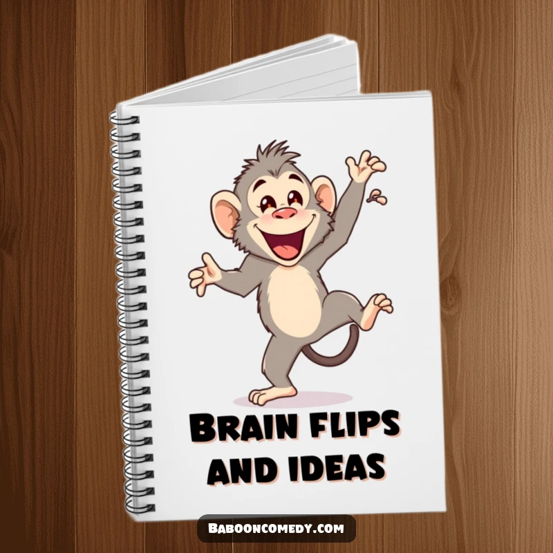 Funny notebook with a joyful baboon doing a cartwheel and happy flourish, designed for jotting down notes with primate-themed comedic flair.