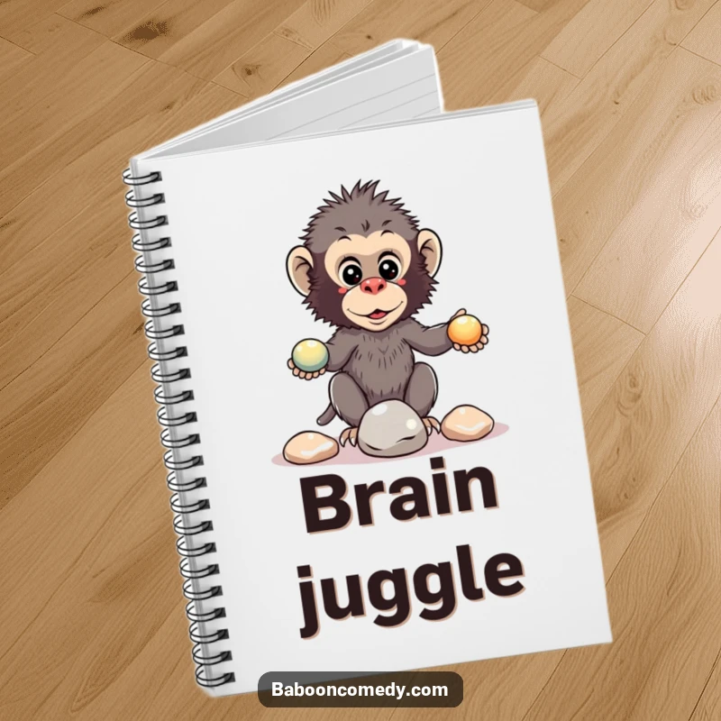 Funny kawaii baboon notebook cover showing a primate juggling pebbles, ready for your notes and plans.