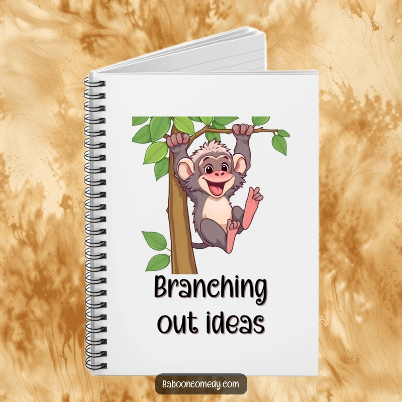 Funny baboon character swinging from a vine on a notebook cover. Great for taking notes, journaling, or sketching adventures.
