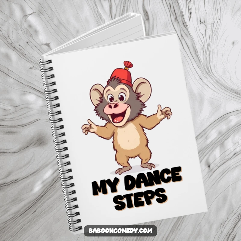 Funny notebook featuring a playful baboon in a fez performing a silly dance, ideal for capturing notes, thoughts, and inspired ideas.