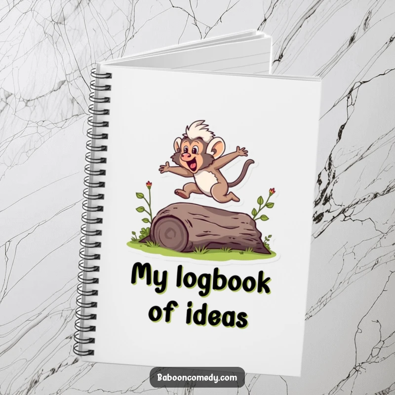 Funny notebook showing a baboon leaping over a log, designed for energetic note-taking and planning.