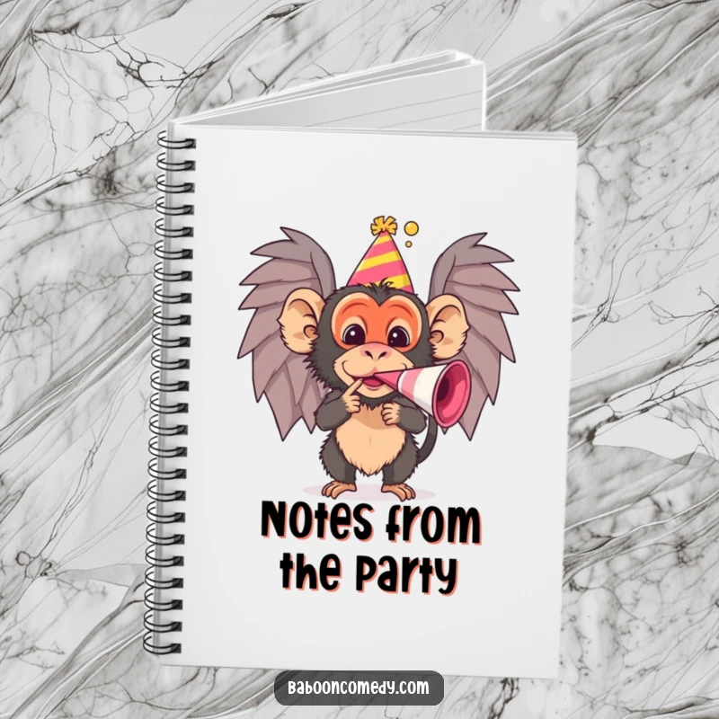 Funny baboon notebook featuring a party scene, perfect for capturing ideas with humor, an excellent funny gift.