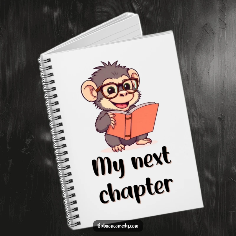 Funny notebook featuring a giggling baboon in oversized glasses reading a large book, perfect for jotting down notes and brilliant ideas.