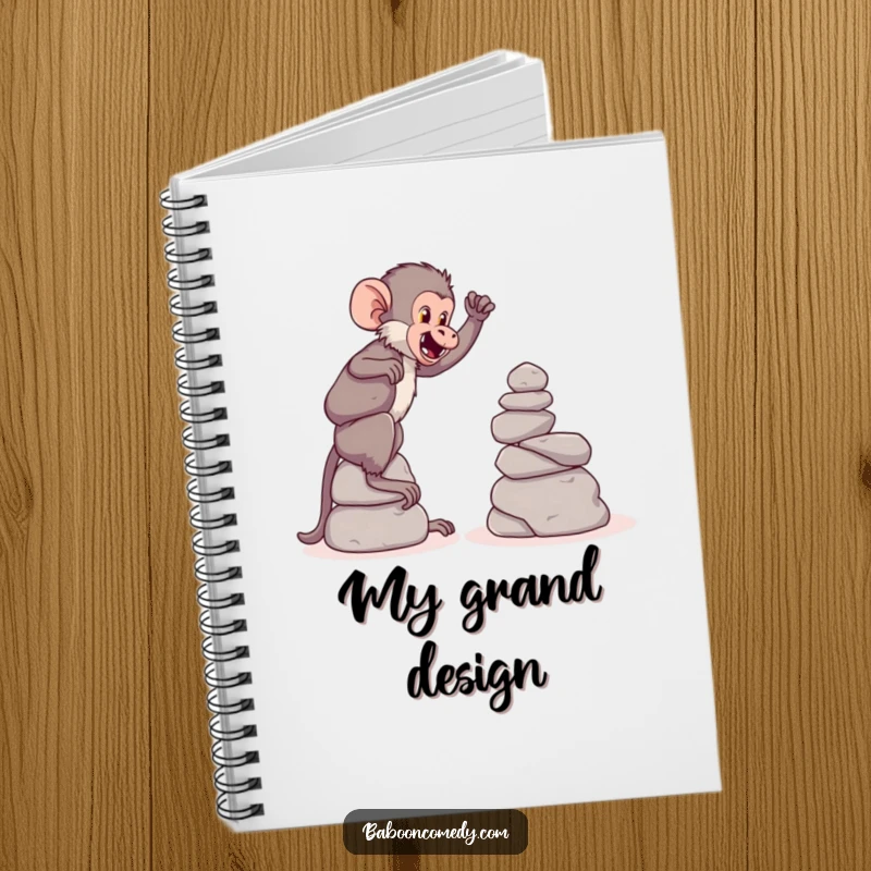 Funny notebook cover with a playful baboon stacking large, round stones, ideal for planning and creative ideas.