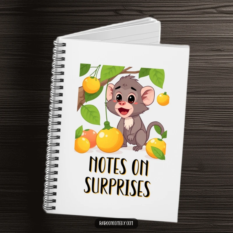 Funny baboon notebook featuring a surprised character with falling fruit, perfect for jotting down funny moments, a useful funny gift.