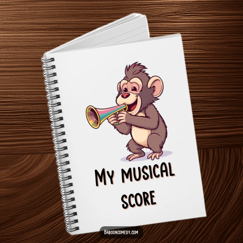 Funny notebook cover featuring a cheerful baboon playing a large, colorful trumpet, encouraging creative and musical expression.