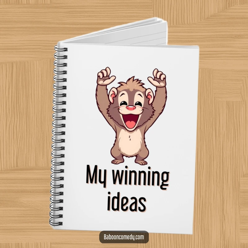 Funny cheering baboon notebook featuring a happy ape with arms raised high, perfect for notes, plans, and motivational thoughts.