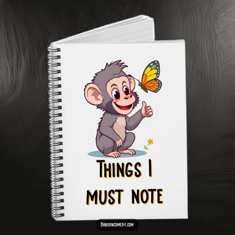 Funny notebook with a cover depicting a curious baboon pointing excitedly at a colorful butterfly, perfect for documenting discoveries and ideas.