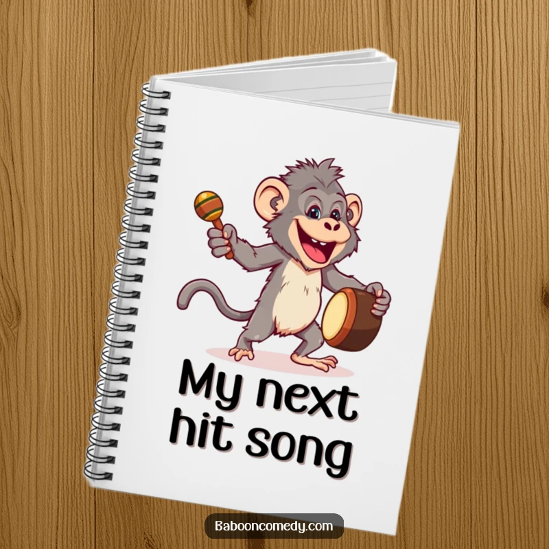 Funny notebook with a joyful baboon dancing energetically with a drum and maracas, encouraging rhythmic writing and ideas.