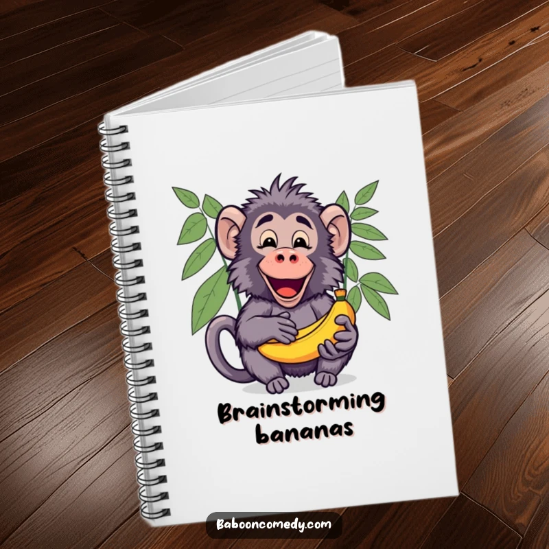 Funny Kawaii Baboon Notebook, with a happy baboon excitedly sharing a bunch of ripe bananas with an open palm.