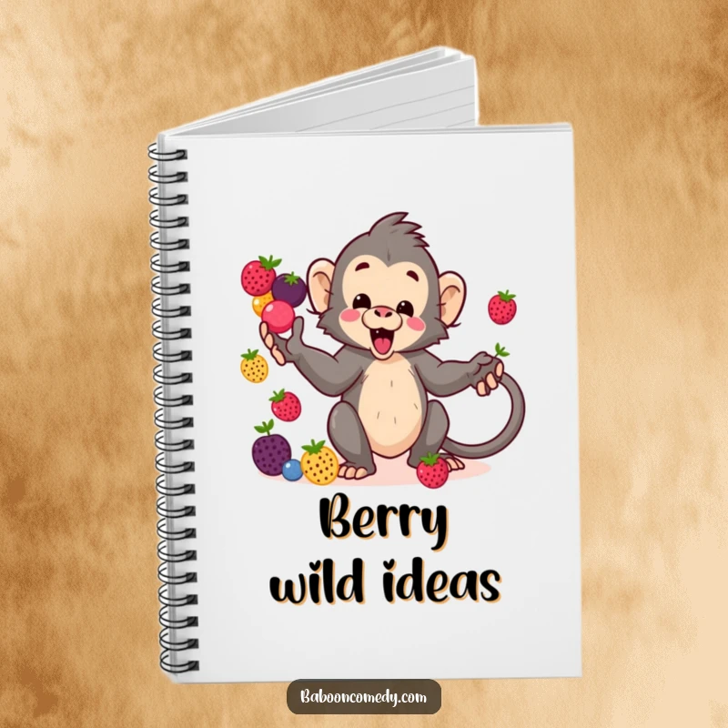 Funny kawaii baboon notebook, a delightful primate juggling colorful berries with its tail, perfect for jotting down funny thoughts.
