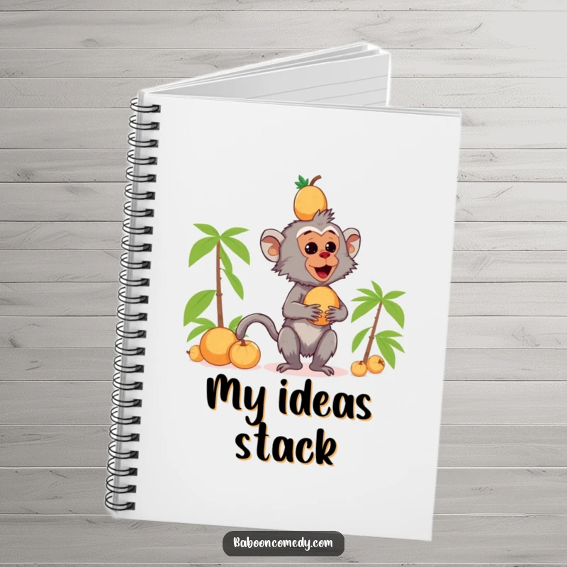 Funny kawaii baboon notebook cover showing a primate balancing coconuts on its head, ready for writing.
