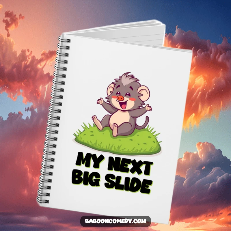 Funny Kawaii Baboon Notebook: Adorable baboon sliding, perfect for jotting down notes with a happy and playful vibe.