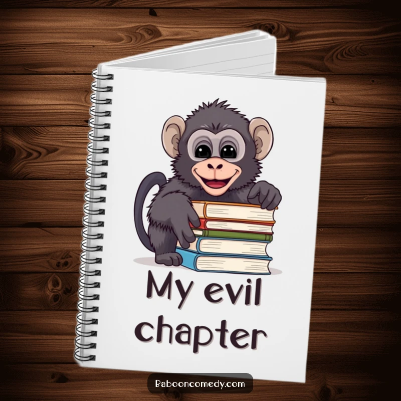 Funny notebook cover with a mischievous baboon peeking over books and giggling, ideal for journaling and creative writing.