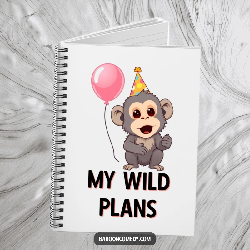 Funny notebook cover with a surprised baboon in a party hat holding a balloon, perfect for party planning and notes.