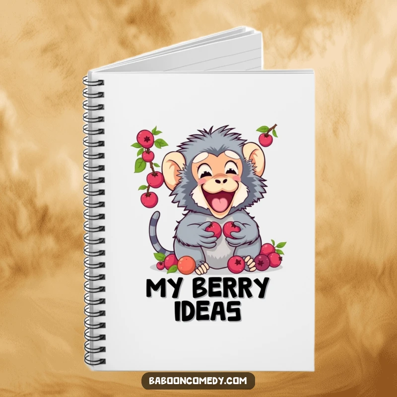 Funny notebook featuring a baboon excitedly sharing a cluster of berries with a friend, encouraging happy note-taking.