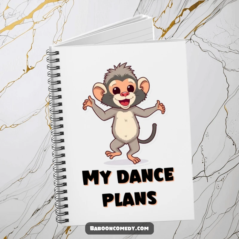 Funny dancing baboon notebook featuring a happy ape dancing, perfect for musical notes, choreographies, and daily thoughts.