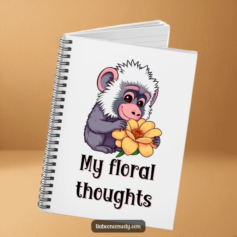 Funny kawaii baboon drummer notebook, writing down nature observations with a gentle smile, a calm and funny journal.