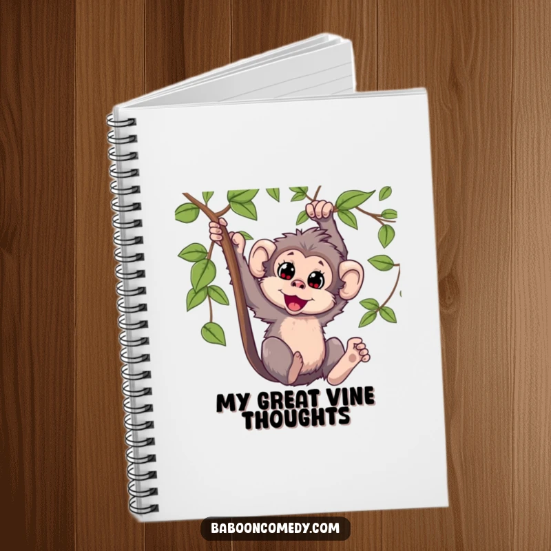 Funny Kawaii baboon notebook, showing a happy primate swinging energetically on a vine, perfect for jotting down notes with a smile.