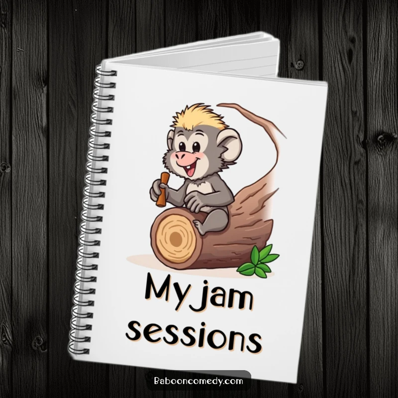 Funny baboon notebook featuring a drumming character, perfect for jotting down musical ideas, a useful funny gift.