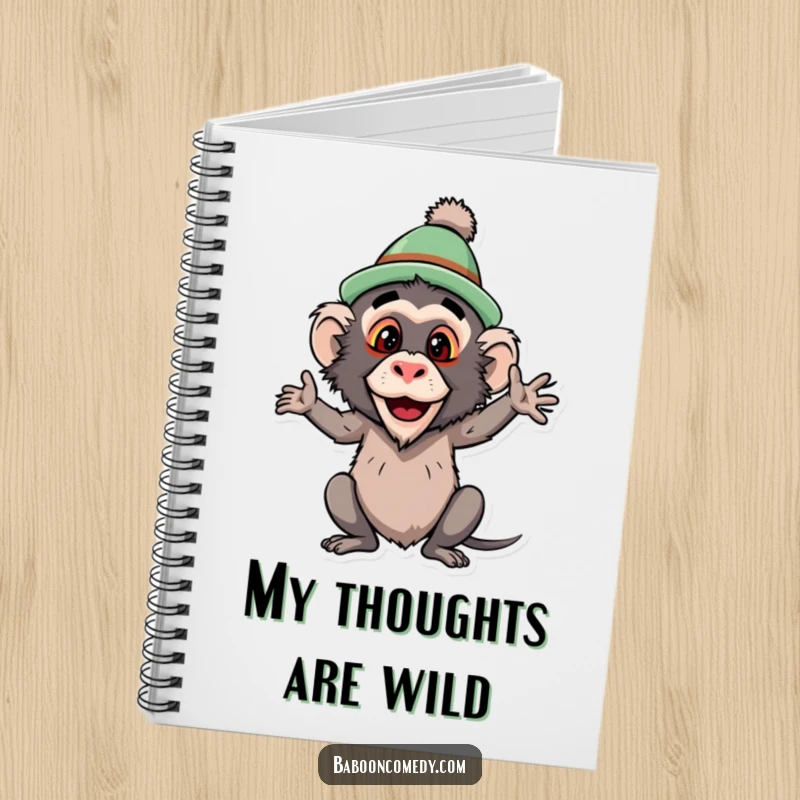Funny baboon notebook, a primate wearing a funny hat and striking a comical pose, perfect for jotting down ideas with a dose of primate humor.