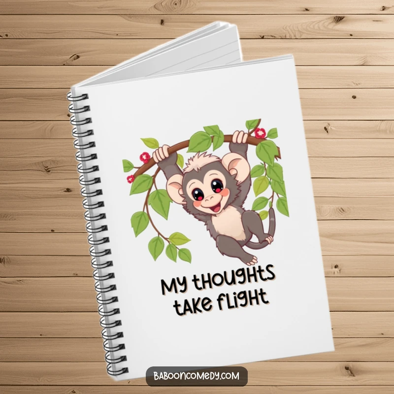 Funny Notebook: Sweet kawaii baboon with wide eyes, swinging from a vine, ready to capture your wild and exciting ideas.