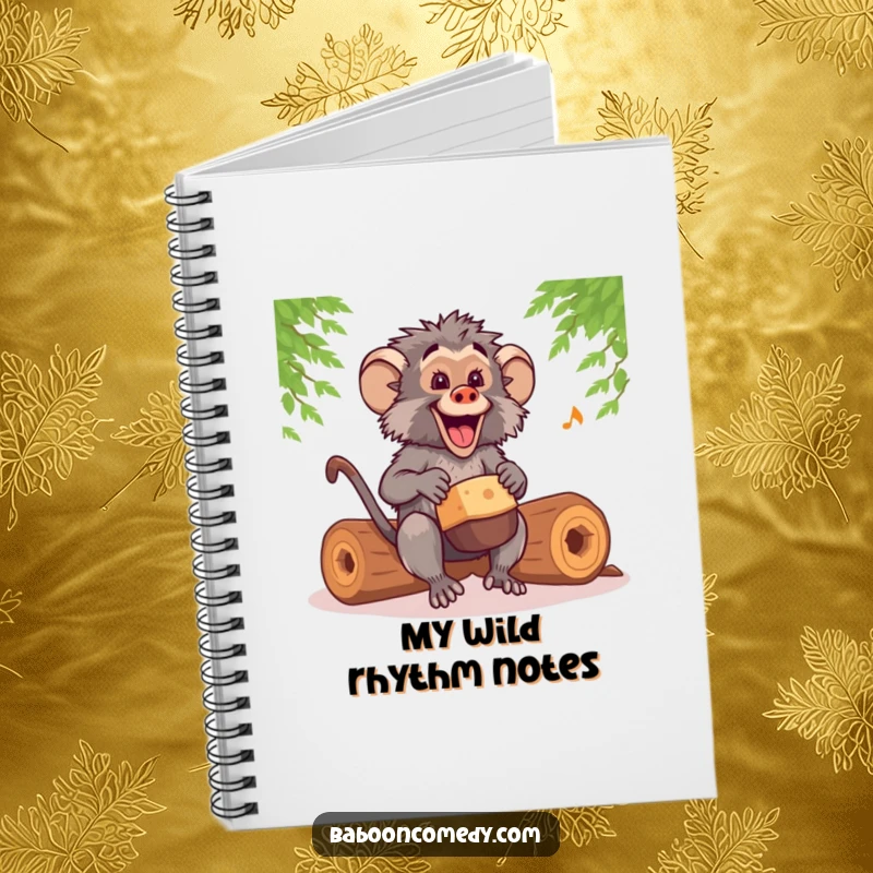 Funny kawaii baboon drummer notebook, writing down musical notes and ideas with a happy, rhythmic beat, a creative and funny tool.
