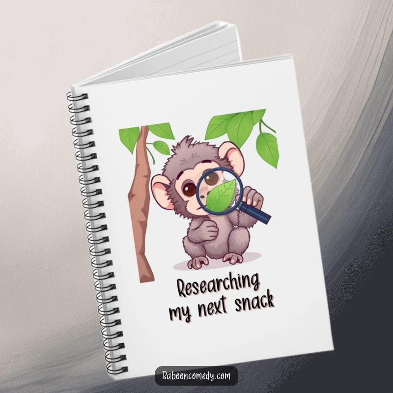 Funny notebook with a curious baboon examining a leaf with a magnifying glass, inspiring detailed note-taking.