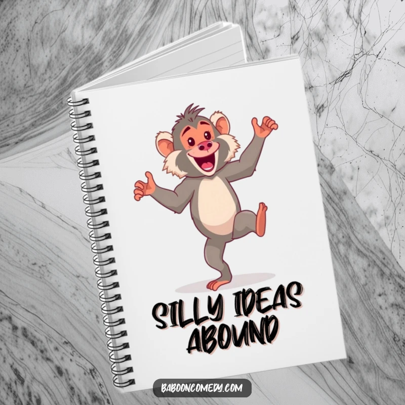 Funny kawaii baboon notebook, an energetic primate doing a silly dance on its hind legs, perfect for jotting down fun.