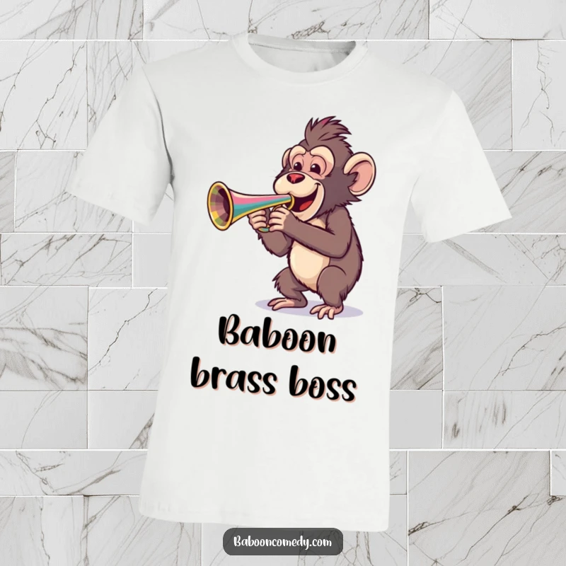 Funny T-shirt showcasing a cheerful baboon energetically playing a big, bright trumpet, bringing smiles and musical vibes.
