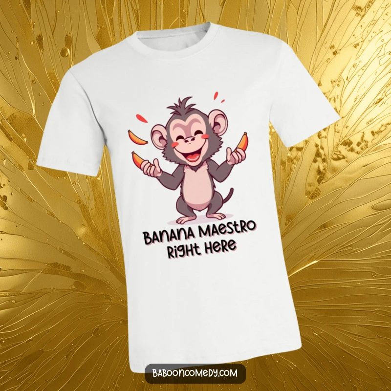 Funny t-shirt with an amused baboon juggling bright red bananas, showcasing exceptional skill and a gleeful expression, perfect for primate fans.