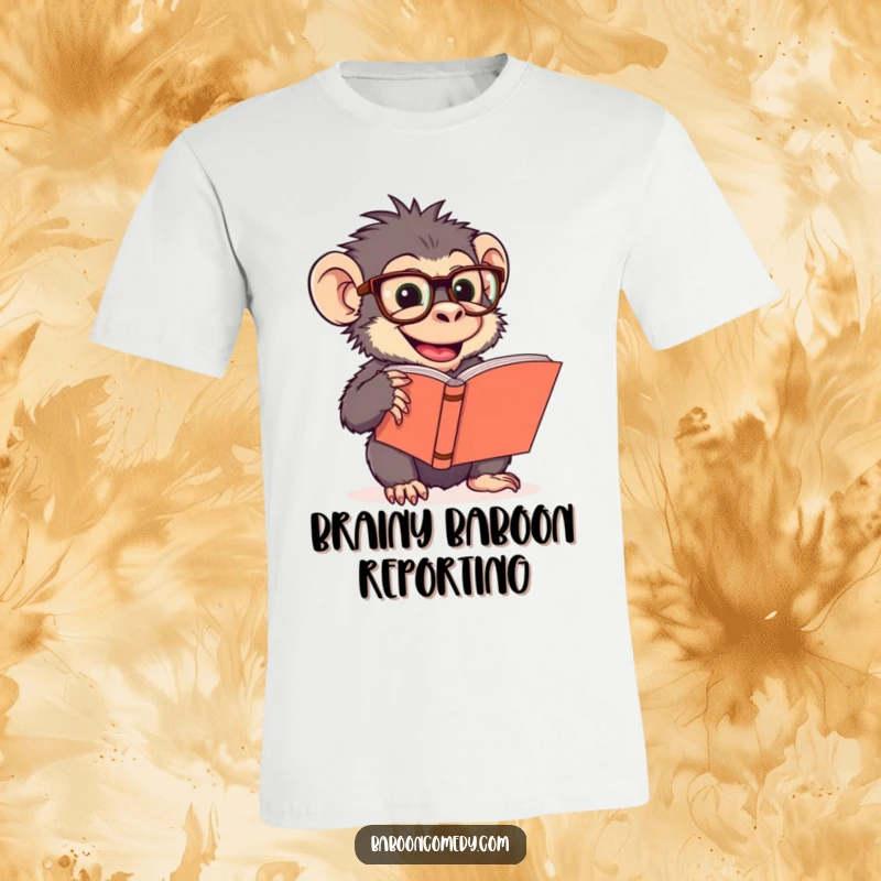 Funny t-shirt depicting a giggling baboon in oversized glasses, engrossed in reading a large book, showcasing a love for learning.