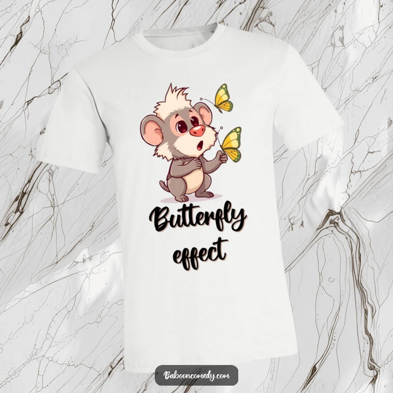 Funny t-shirt with a baboon looking astonished and curious as a butterfly flutters gracefully in front of its face.