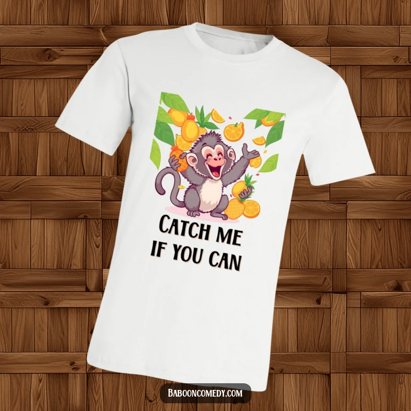 Funny kawaii baboon wearing a t-shirt, gleefully juggling tropical fruits with a big, happy smile.