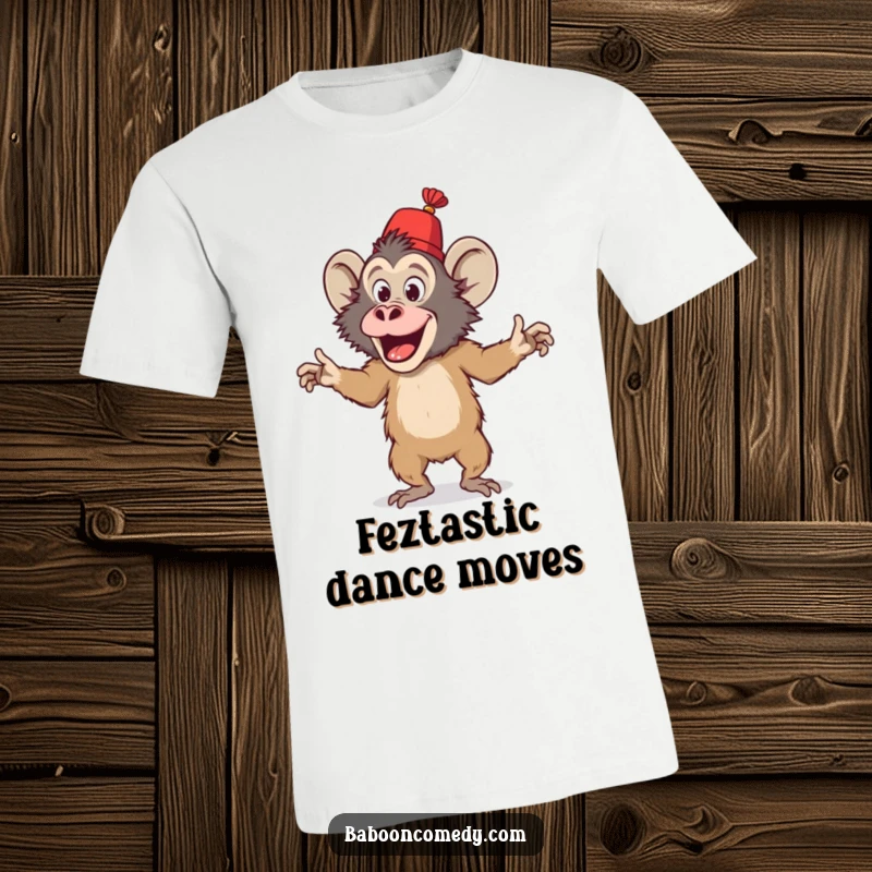 Funny t-shirt depicting a playful baboon in a tiny fez performing a silly, energetic dance, radiating pure amusement and rhythm.
