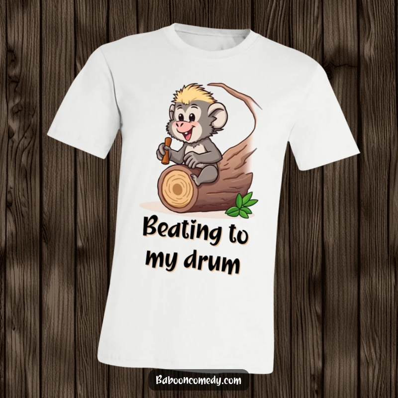 Funny baboon t-shirt featuring an excited character drumming on a log, perfect for music lovers, a cool funny gift.
