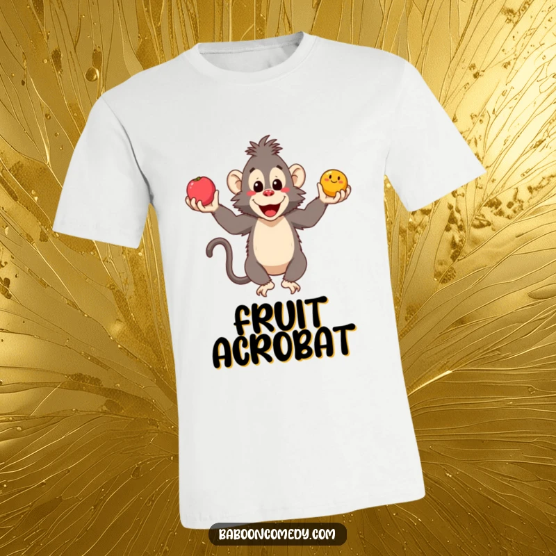 Funny baboon t-shirt featuring a cheerful ape skillfully juggling three vibrant fruits, showcasing its comedic and athletic prowess perfectly.