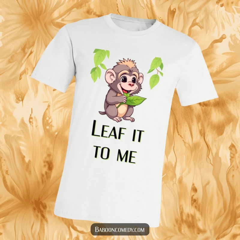 Funny t-shirt depicting a baboon blissfully chewing on a vibrant green leaf, symbolizing happiness and relaxation.